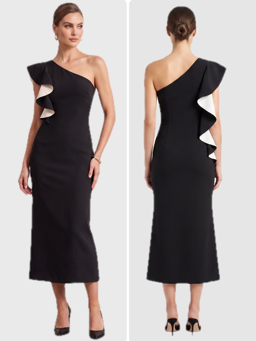 Halston Heritage Flounce Black One-Shoulder Side Slit Cocktail Midi Dress $498